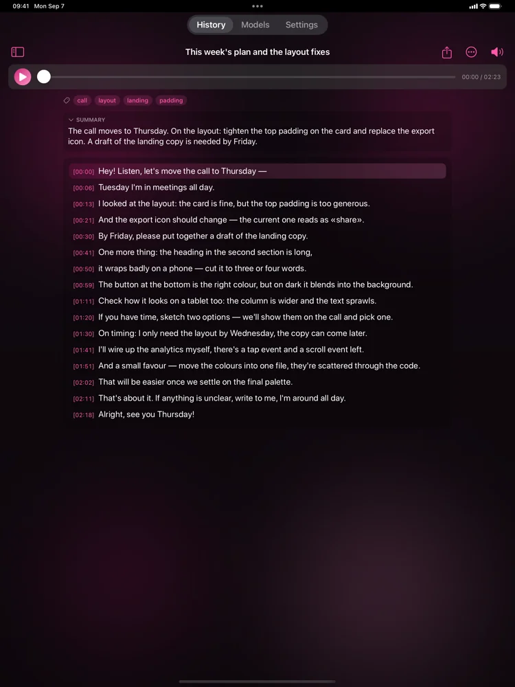 Seshari on the iPad: a transcribed voice message with its summary, tags and the transcript with timestamps, the sidebar collapsed.