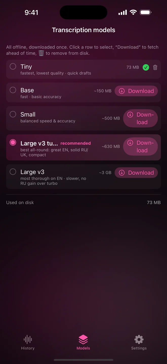 The models screen on the iPhone: Tiny, Base, Small, Large v3 turbo (recommended) and Large v3, with their sizes and a Download button each.