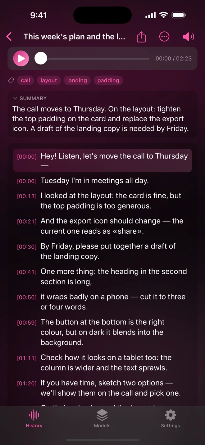 Seshari with a transcribed voice message open: the player, its one-line summary, the tags and the transcript with a timestamp on every line.