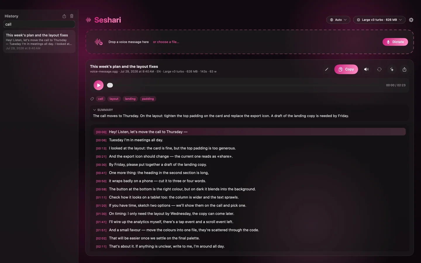 Searching the library on the Mac for «call»: one note matches, and its transcript is open on the right.