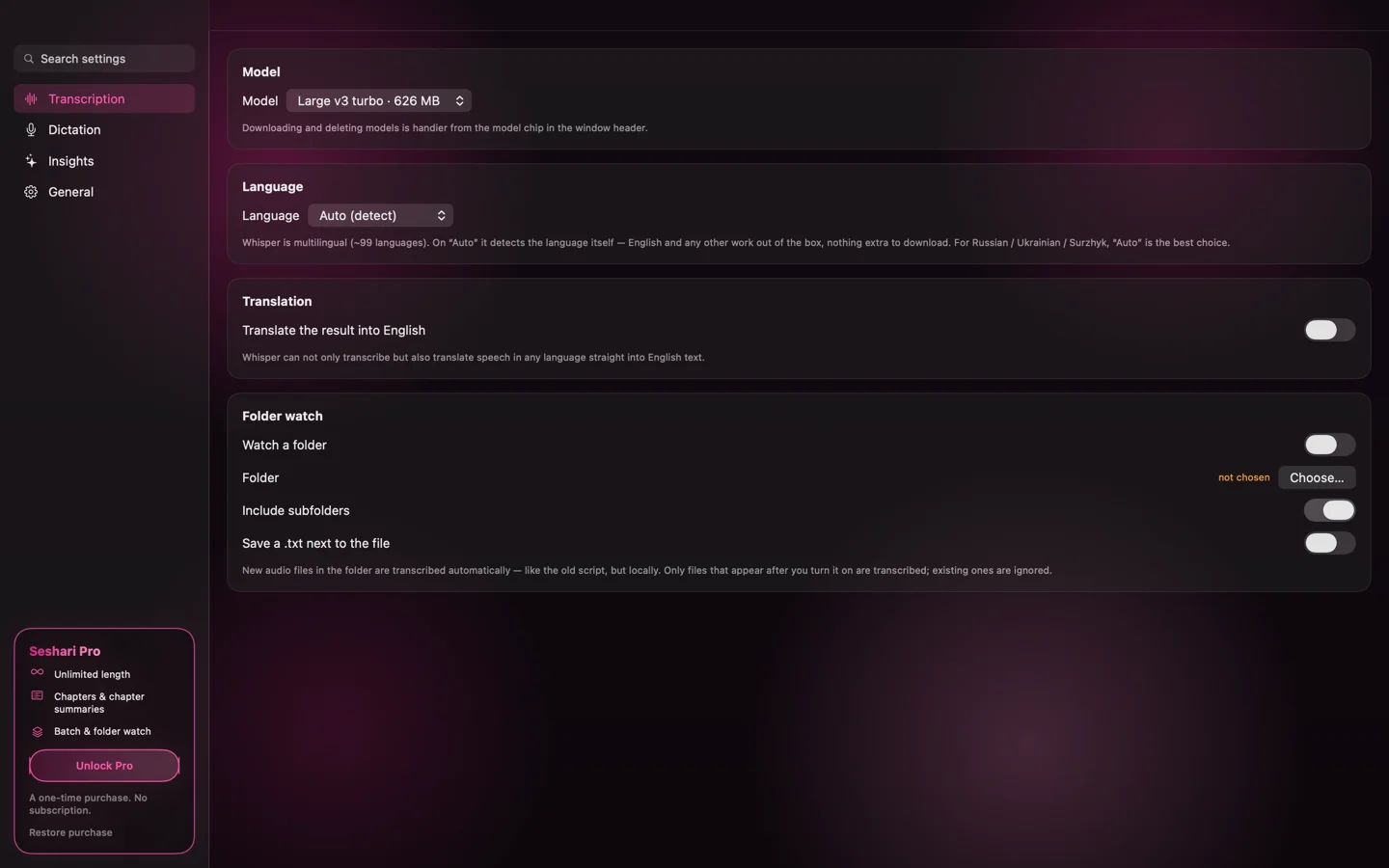 Transcription settings on the Mac — model, language, translation, folder watch — and the Seshari Pro card: unlimited length, chapters and chapter summaries, batch and folder watch, «A one-time purchase. No subscription.»